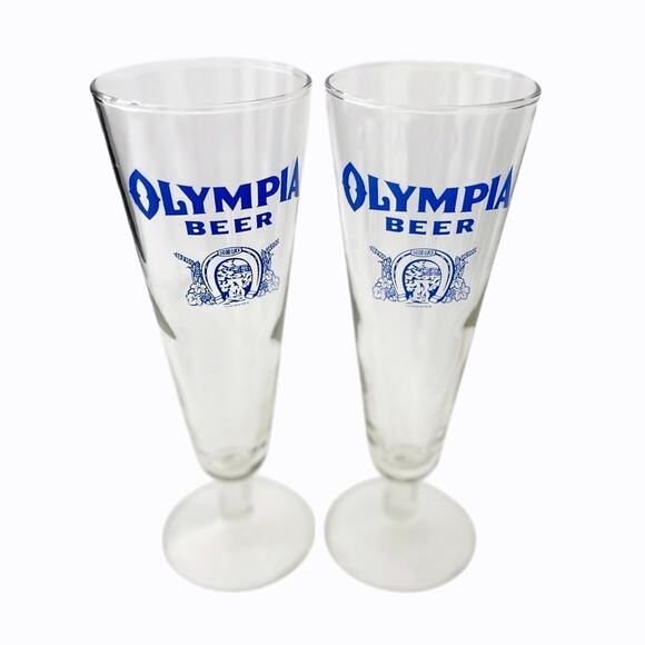 Pilsner Glasses Lot 2 Olympia Clear Beer Blue Letters Good Luck Tumwater 8.25 In - Picture 7 of 9